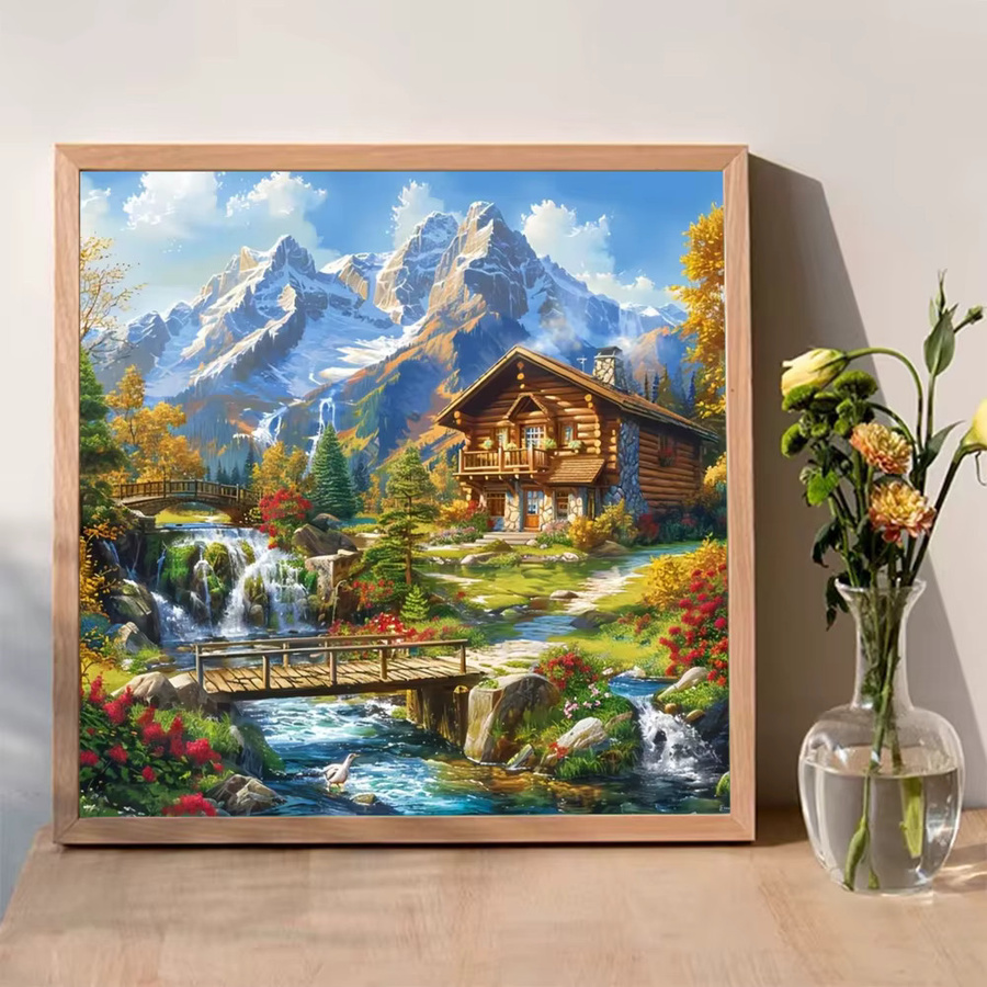 Momoart DIY Diamant-Stickerei Set Hauslandschaft mit Fluss und Bergen, Vollquadrat Runde Diamant-Mosaik Malerei zur Dekoration, B/H: 20 x 20 cm - Bild 3