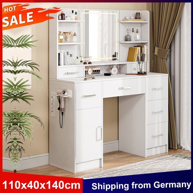 Anajqaqia Schminktisch in Weiß mit LED-Spiegel, Steckdosen, 7 Schubladen, 7 offenen Regalen und Haartrocknerständer, B/T/H: 110 x 40 x 140 cm - Bild 1