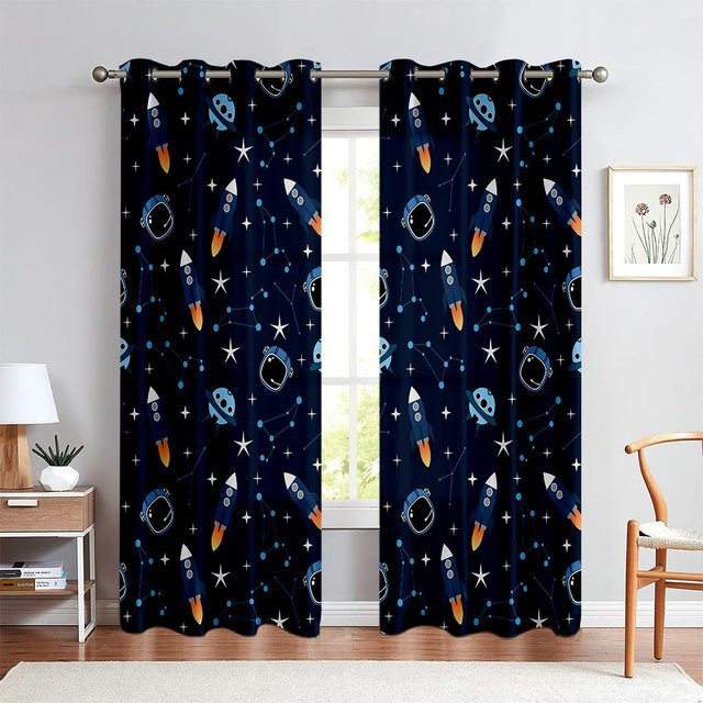 Yiran Furniture Vorhänge mit Cartoon-Astronauten-Druck in Blau, thermoisolierend und lichtundurchlässig, Breite: 132 cm, Höhe: 213 cm - Bild 1