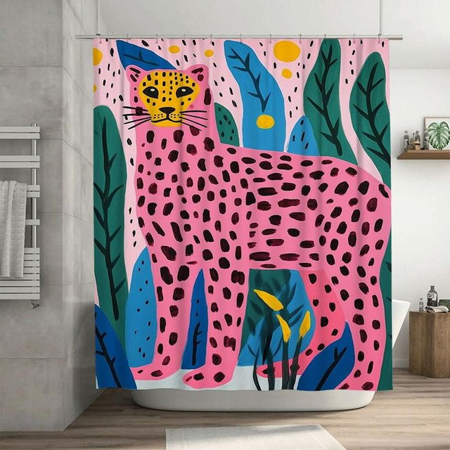 Wasserdichter Duschvorhang mit Leopardendesign in Pink und Grün, B/H: 90 x 180 cm - Bild 1