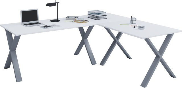 VCM Eckschreibtisch Lona in Weiß/Silber mit X-Füßen, B/T/H: 190 x 160 x 74 cm - Bild 1