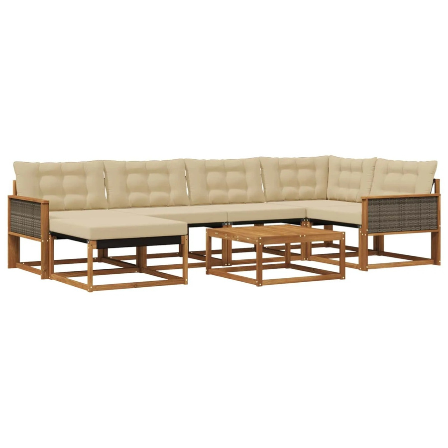 vidaXL Outdoor-Sofagarnitur aus Massivholz Akazie und Textilene in Natur und Beige, 7-teiliges L-Shape Set mit UV-beständigen Polstern - Bild 2