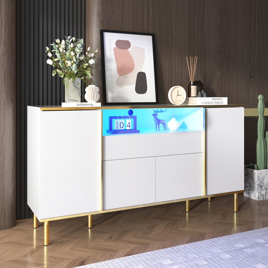 Modernes Sideboard von Aosom in Weiß mit LED-Beleuchtung und glänzender Oberfläche, 4 Türen und 1 Schublade, B/T/H: 150 x 40 x 80 cm - Bild 2