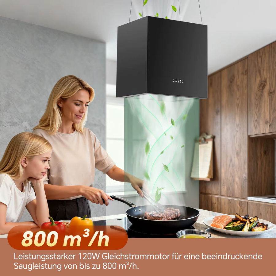 SNDOAS Island Dunstabzugshaube Island in Schwarz und Silber, 700/800 m3/h, A+ Energieeffizienz, kanalloser Umluftbetrieb, 5-lagiger Aluminiumfilter, LED-Display, Wandmontage - Bild 3