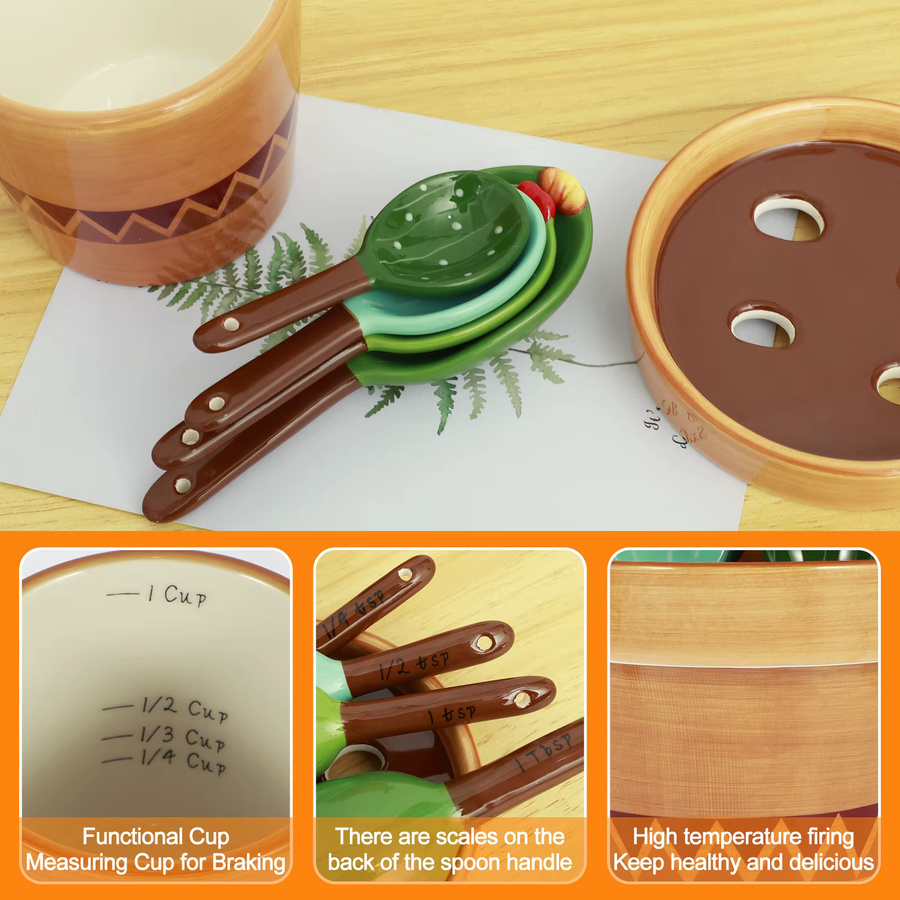 Willstar 4-teiliges Messlöffel-Set aus Porzellan in Kaktusform, Keramik-Messlöffel mit Sockel, Grün - Bild 4