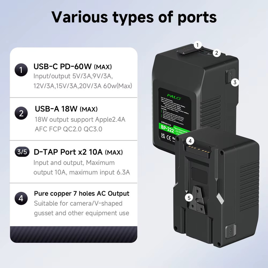 PALO V-Mount V-Lock Akku BP-222Wh mit 15000mAh für Sony Kameras, Blackmagic URSA und Laptops - Bild 5