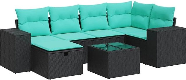 vidaXL 7-teilige Garten-Sofagarnitur in L-Form mit Polsterkissen und Ottoman, Schwarz, Poly-Rattan mit Metallgestell - Bild 1