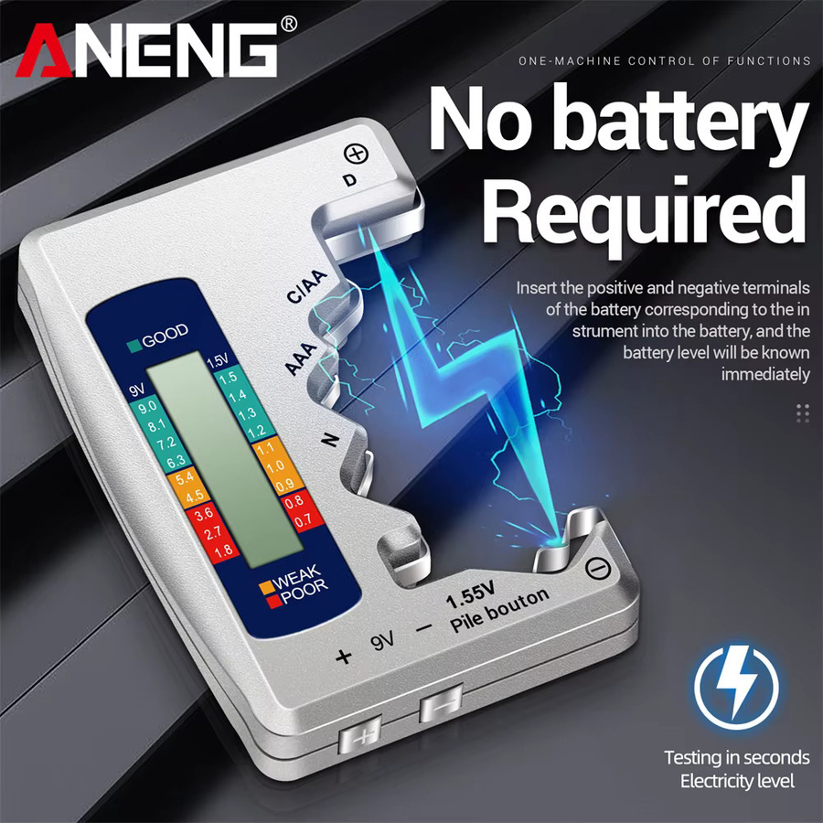 ANENG BT1688 Digitaler Batterietester mit LCD-Display zur Kapazitätskontrolle für AA, AAA, D, N, 9V und Knopfzellen in Silber - Bild 2