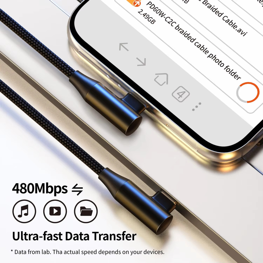 USB-C zu Typ-C Schnellladekabel 60W 3A mit 90 Grad angewinkeltem Design aus Nylon geflochten in Schwarz für Smartphones, Tablets und Kopfhörer - Bild 5