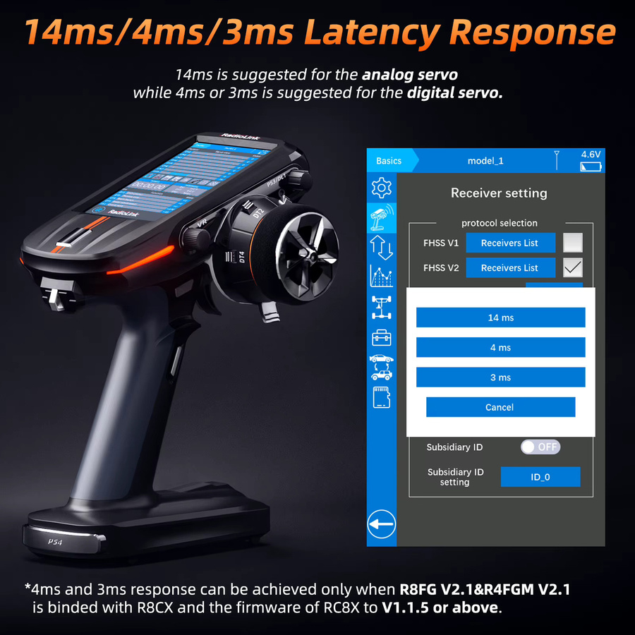 Radiolink RC8X 8-Kanal 2,4G RC-Sender mit R8FG V2.1 Gyro-Empfänger, Einhand-Steuerung und Telefonhalterung für FPV-Bildschirm, Schwarz - Bild 4