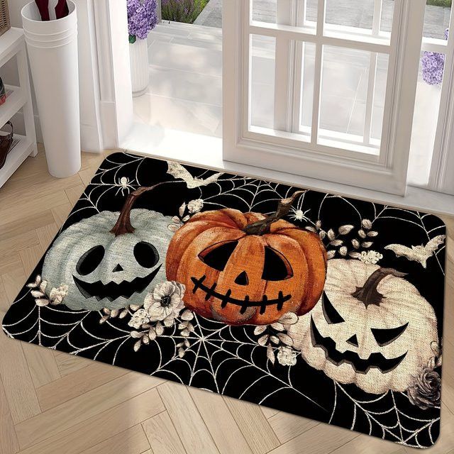 VIKAMA Halloween-Druckteppich mit schwarzen Kürbissen und Spinnennetz-Design in Schwarz - Bild 1