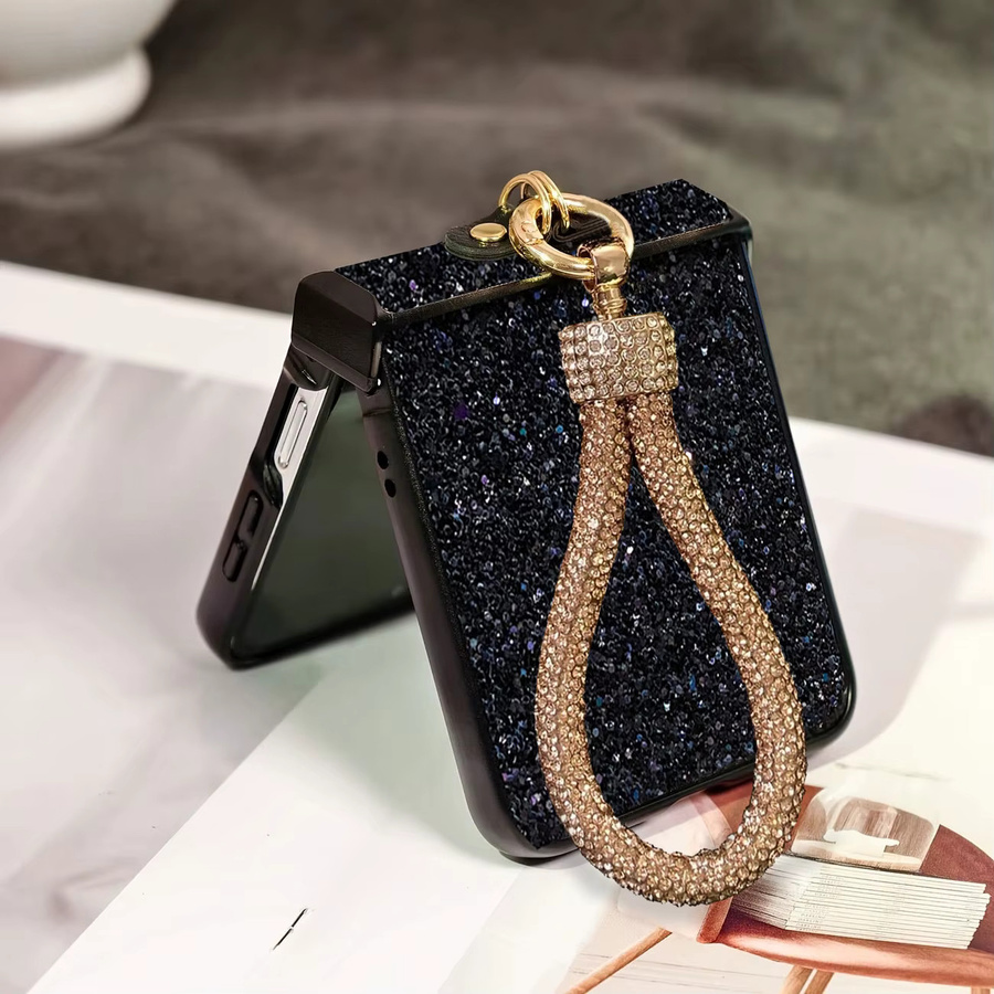 Glänzende Kunstdiamant-Strass-Handyhülle mit Schlüsselband für Samsung Galaxy Z Flip (Modelle: 3, 4, 5, 6, 7, 8, FE) in Schwarz - Bild 4