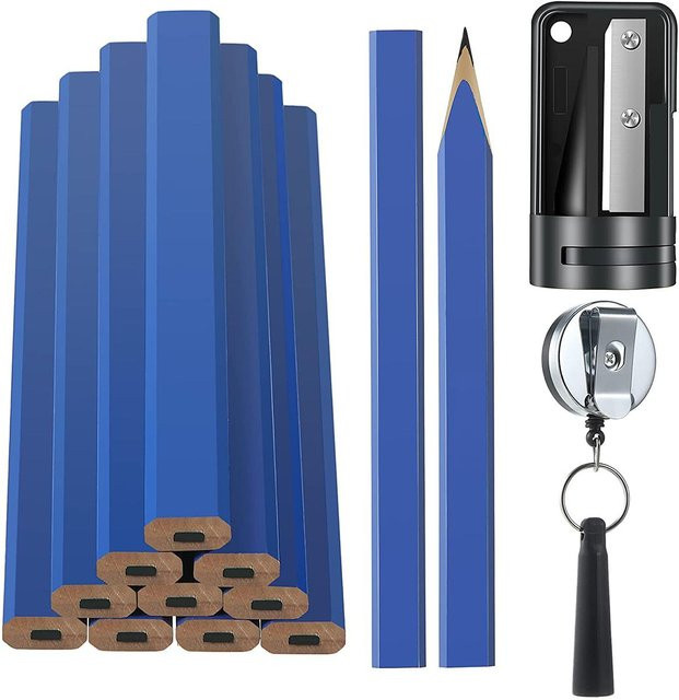 Happypilot Zimmermann Bleistifte mit Anspitzer, 12 Stück, flache Holz-Konstruktionsbleistifte in Blau, HB Graphit - Bild 1