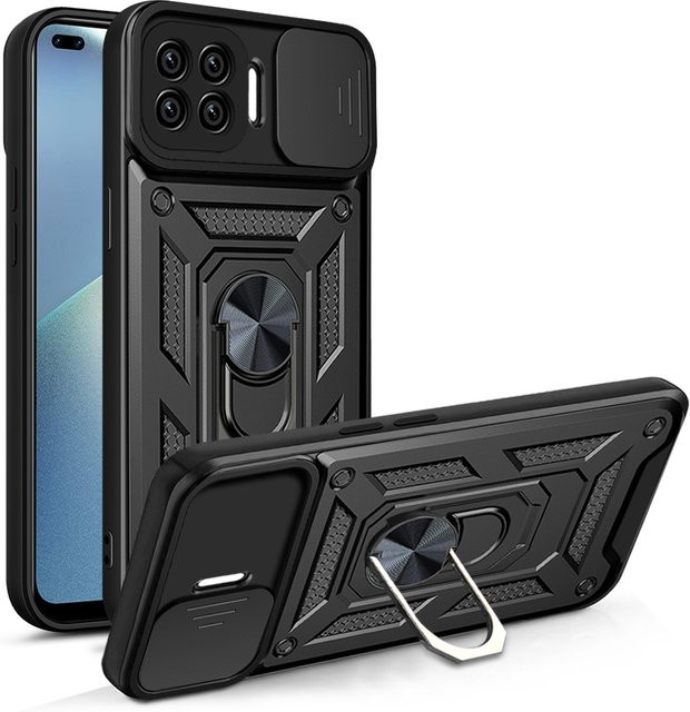 Panzer-Handyhülle für Oppo Reno4 Lite, Oppo F17 Pro und Oppo A93 4G mit magnetischem Ringhalter und Schiebe-Kameraschutz in Schwarz - Bild 1