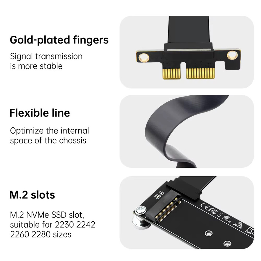 Fenvi PCI-E 3.0 x1 auf M.2 NVMe SSD Riser-Kartenadapter mit Verlängerungskabel in Schwarz für Desktop-PC - Bild 3