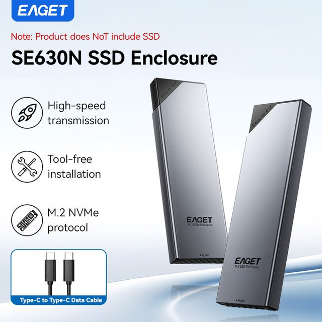 EAGET M.2 SSD-Gehäuse für NVMe und NGFF, 10 Gbit/s USB-C Adapter, Grau - Bild 1