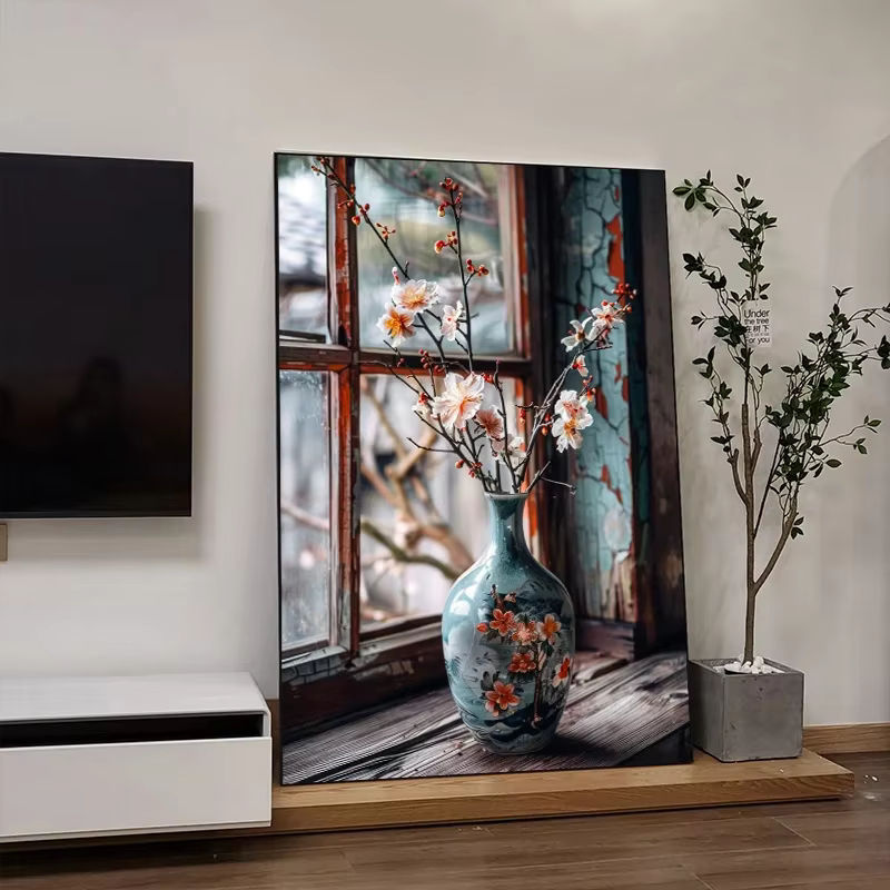 Potdemiel Vintage Leinwandgemälde mit floralem Motiv und Vase als Wanddekoration in Hochformat und Mehrfarbig - Bild 3