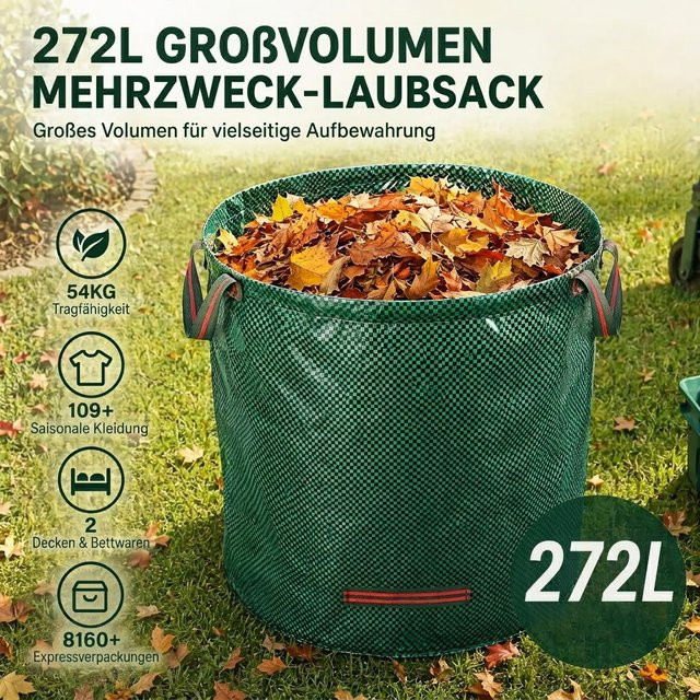 Forever Speed Gartenabfallsäcke Set, 3x 272 l, wasserdichte Gartenbeutel zur Aufbewahrung von Laub und Gartenabfällen, Grün - Bild 1