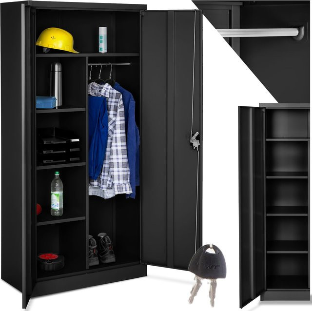 tectake Spind aus pulverbeschichtetem Stahl mit 2 Flügeltüren und Kleiderstange, Schwarz, H x B x T: 180 x 80 x 40 cm - Bild 1