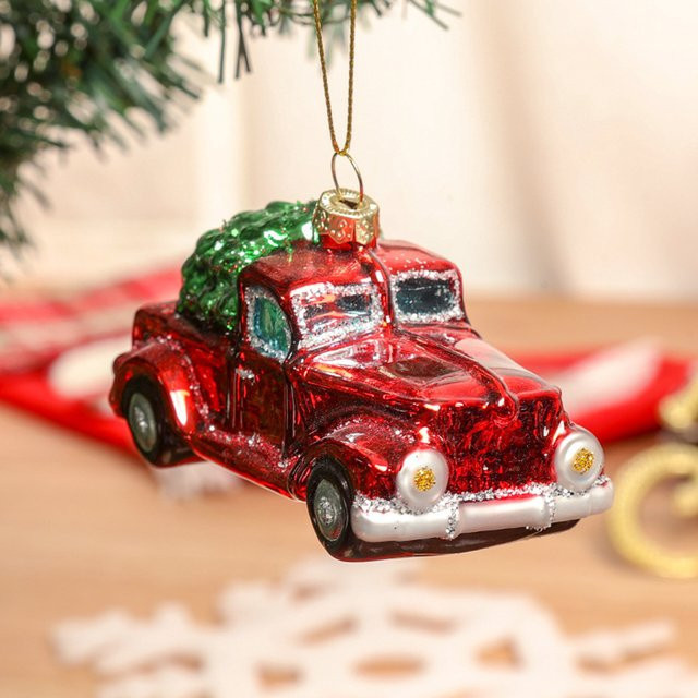 Mundgeblasener Weihnachts-LKW aus Glas als hängendes Ornament in Rot - Bild 1