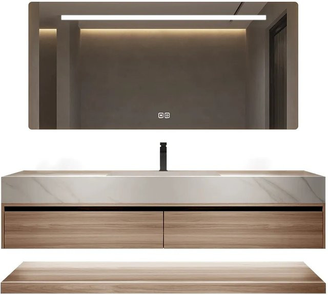 360Home Waschtisch Set Weiß mit Sinterstein Arbeitsplatte in Holzoptik, Unterschrank und Spiegelschrank mit LED-Beleuchtung und Anti-Beschlag-Funktion, B/T/H: 120 x 55 x 50 cm - Bild 1