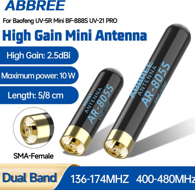 ABBREE AR-805PLUS Mini-Antenne für Walkie-Talkies mit SMA-Buchse, UHF/VHF High-Gain-Upgrade für Baofeng UV-5Rmini, UV-5RH und Amateurfunk, Schwarz - Bild 1