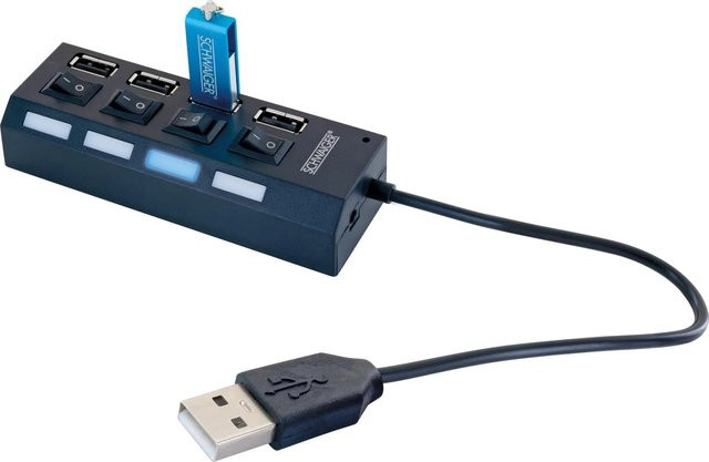 Schwaiger USB 2.0 Hub 4-fach in Schwarz mit Schalter und Status-LED - Bild 1