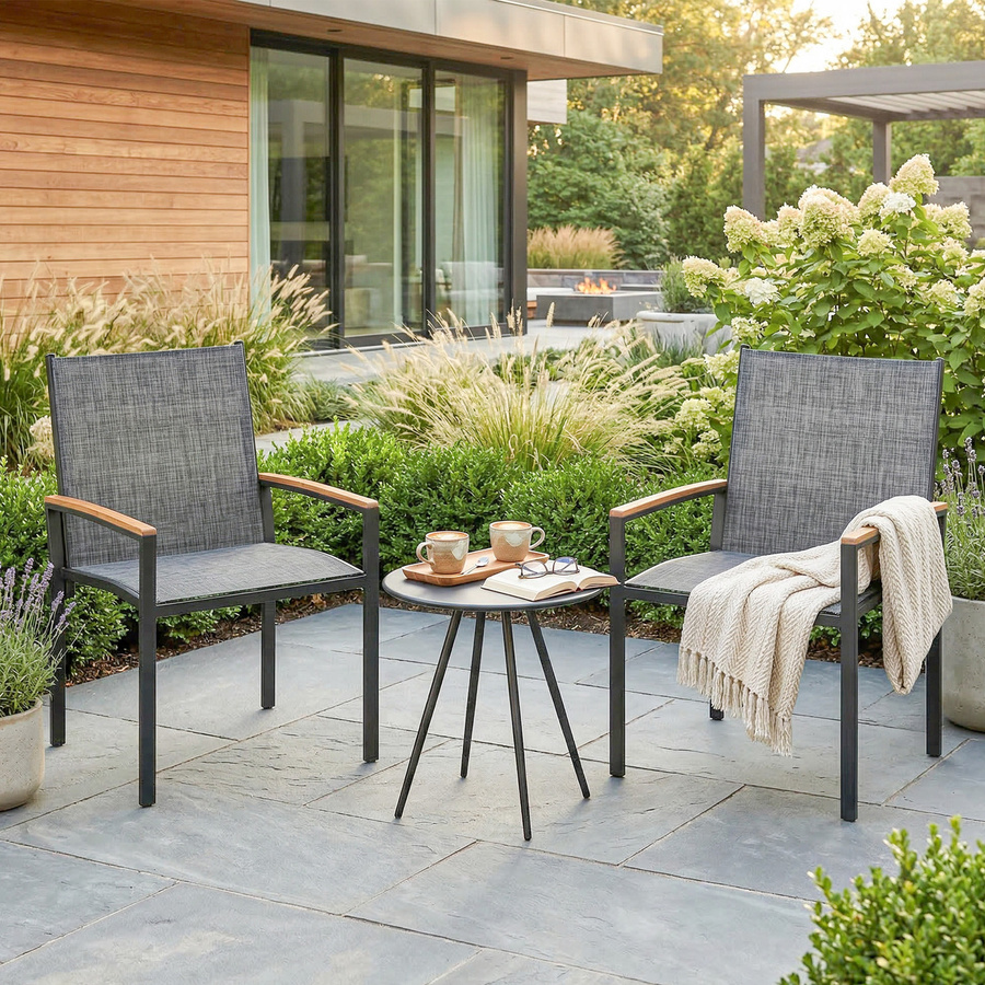 Outsunny 3-teiliges Bistro-Set aus Stahl mit 2 Texteline-Stühlen und Tisch in Mischgrau - Bild 2