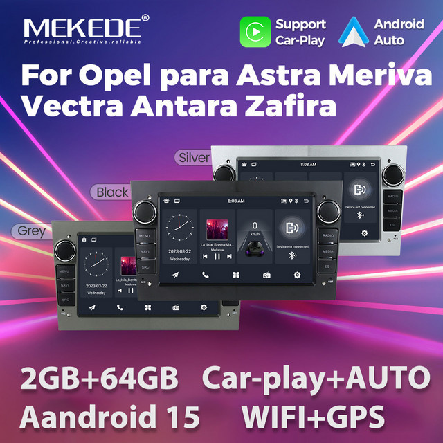 MEKEDE Android 15 Autoradio mit 2GB RAM und 64GB Speicher für Opel Astra H/J, Vectra, Antara, Zafira, Corsa C/D, Vivaro und Meriva in Silber mit GPS, Bluetooth, CarPlay, WLAN, Touchscreen, Freisprecheinrichtung, Rückfahrkamera und EQ - Bild 1