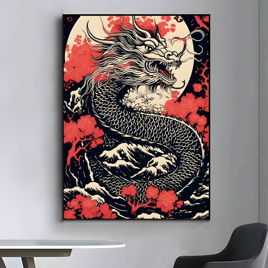 Potdemiel Wandkunst Poster Asiatischer Chinesischer Drache Schattenwellen auf Kunstleinwand in Mehrfarbig - Bild 3