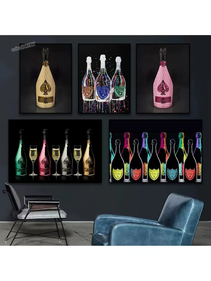 Potdemiel Leinwandbild Champagner Flasche Abstract Kunst Druck Multicolour Wanddeko für Bar und Esszimmer - Bild 3