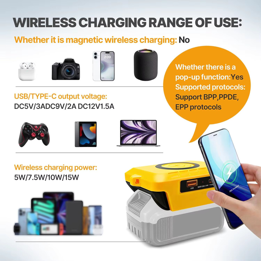 Dewalt Kabelloser Ladegerät-Adapter für 20 V Akku mit USB-C und USB 2,1 A Schnellladeanschlüssen, 15 W max., Gelb - Bild 4