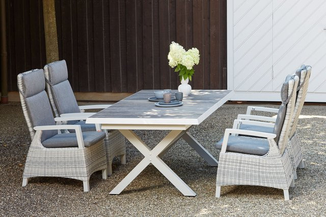 Siena Garden Corido/Sincro Garten-Essgruppe aus Aluminium mit Keramik und Gardino Geflecht in Ice Grey/Weiß Grau, Ausziehtisch und 4 Dining Move Sessel, B/T/H: 260 x 100 x 77 cm (ausziehbar von 200 x 100 cm) - Bild 1