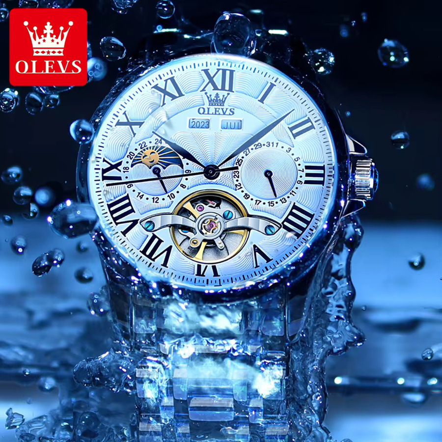 OLEVS Armbanduhr, Automatik, Mondphase, Leder, Herren, Silber - Bild 5