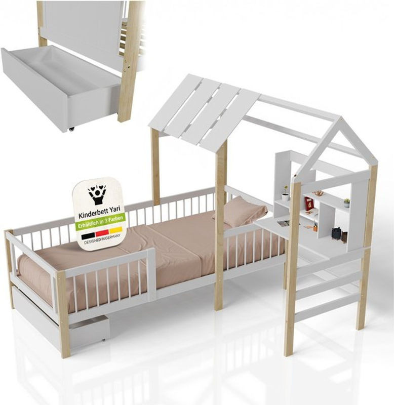 Juskys Kinderbett Yari aus Kiefer mit integriertem Schreibtisch und Schublade, Weiß/Natur, Skandinavisch - Bild 1