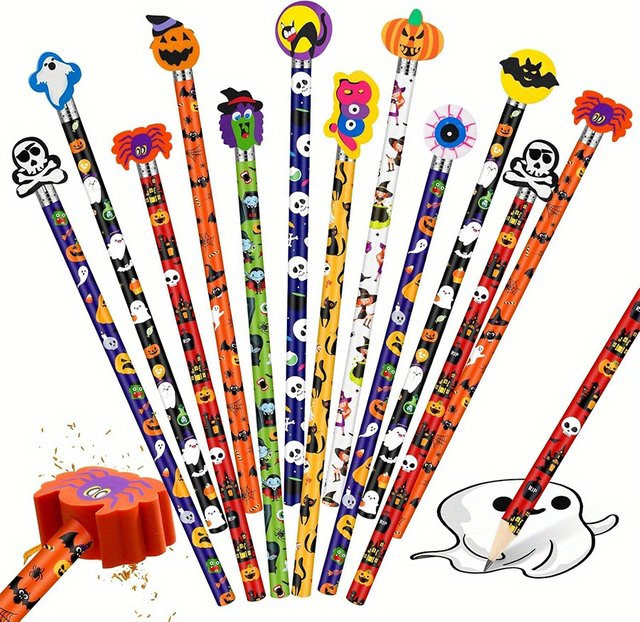 JXB 12er Set Halloween-Partystifte mit Radiergummis in Multicolour mit Kürbis, Fledermaus, Skelett und Spinne Motiven - Bild 1