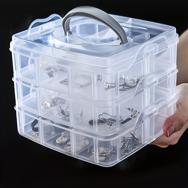 Transparente 3-lagige Aufbewahrungsbox aus Kunststoff mit 18 Fächern in Pink für Schmuck und Spielzeug, B/T/H: 15,0 x 12,5 x 15,0 cm - Bild 1