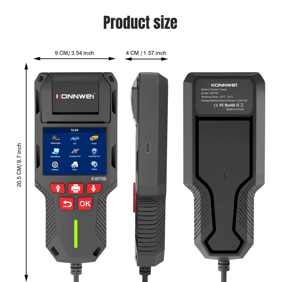 KONNWEi Kfz-Batterie-Diagnosetool in Schwarz zur Prüfung von Batteriespannung und Fehlern mit Datendruck und Scanning-Funktion - Bild 2
