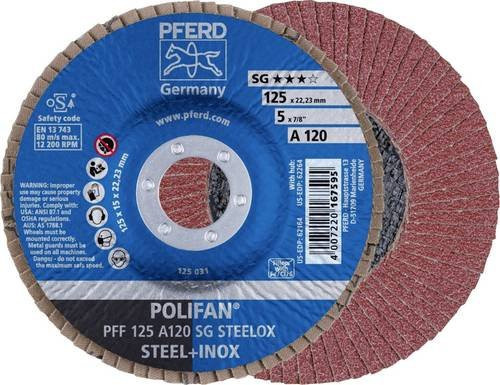 PFERD PSF STEELOX Fächerschleifscheibe für Stahl und Edelstahl, Körnung 120, Durchmesser: 125 mm, Bohrungs-Ø: 22,23 mm - Bild 1