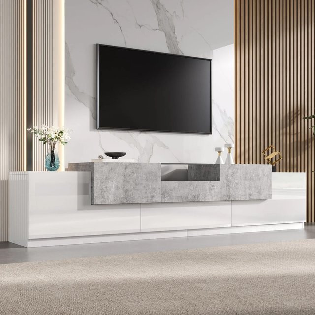 Merax TV Lowboard modern in Weiß und Zementgrau mit Glastür, Schublade und Kabeldurchlass, B/T/H: 200 x 48,5 x 33 cm - Bild 1