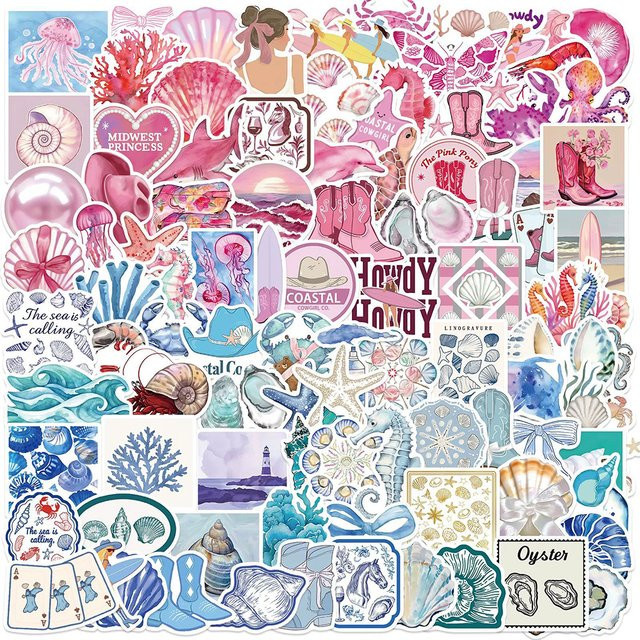 Rspctou Cartoon Küste Ästhetische Aufkleber, blau rosa, 10-teiliges Set - Bild 1
