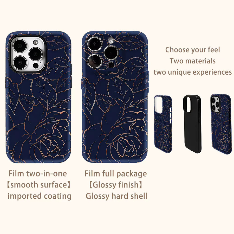 Marinegoldene Handyhülle mit floralem Lineart-Design für iPhone 17 Pro Max, 17, 16, 15, 14, 13, 12, 11 und Air/16E mit doppellagiger Rückseite in Blau und Gold - Bild 3