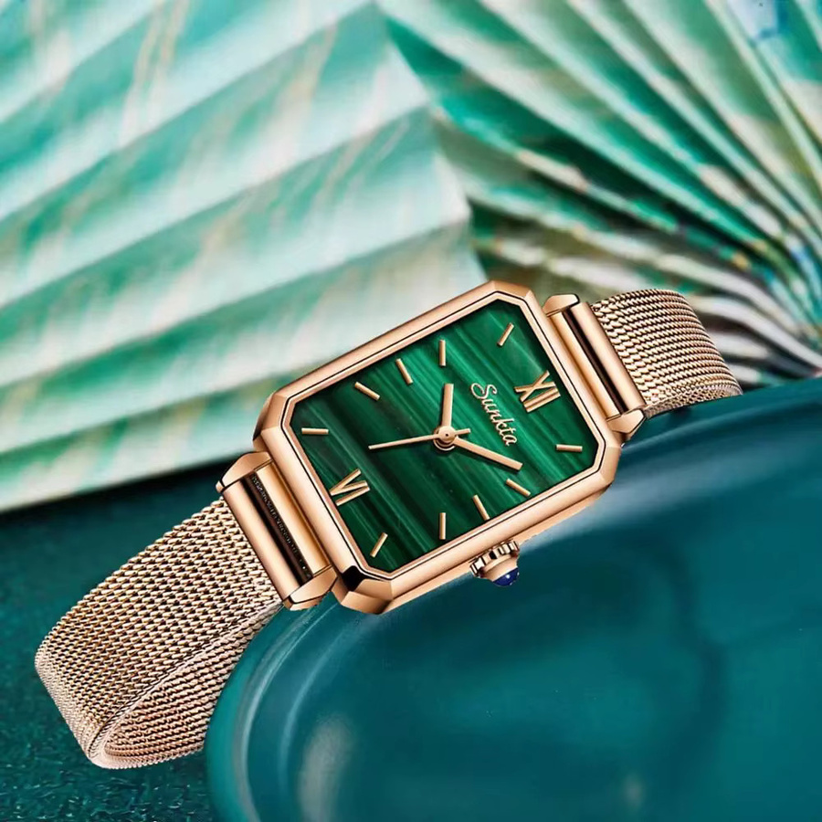 Sunkta Armbanduhr Damen, Quarz, rechteckig, grün, Roségold, Milanaise - Bild 4