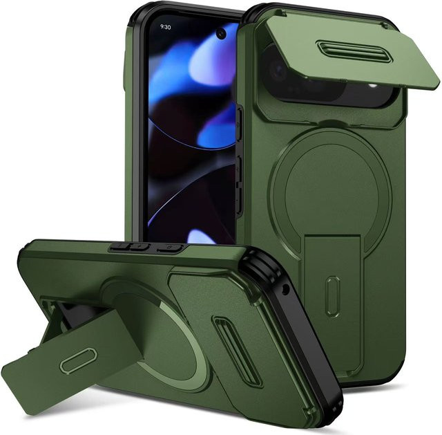 Stoßfeste magnetische Schutzhülle für Google Pixel 10, 9 Pro XL, 9 Pro und 9A mit Linsenschutz, Ständer und MagSafe-Kompatibilität in Grün - Bild 1