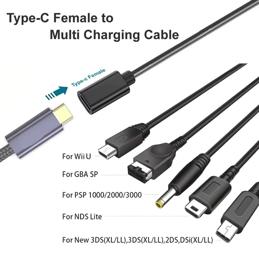 Multi 5-in-1 Typ-C-Ladekabel von Nintendo in Schwarz für Nintendo New 3DS XL, NDS Lite, NDSi LL, Wii U, Nintendo GBA und Sony PSP 1000/2000 - Bild 2