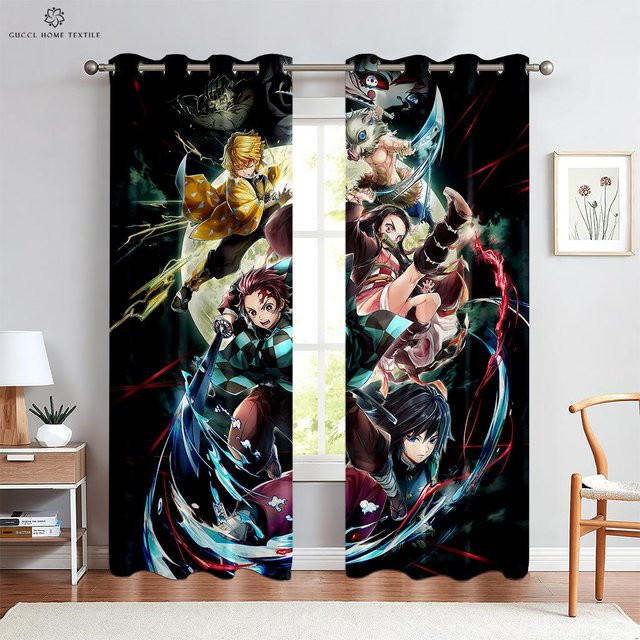Yiran Furniture Vorhänge für Kinder mit japanischen Cartoon-Prints, 2er-Set, halbtransparent, Mehrfarbig, Breite: 140 cm, Höhe: 180 cm - Bild 1