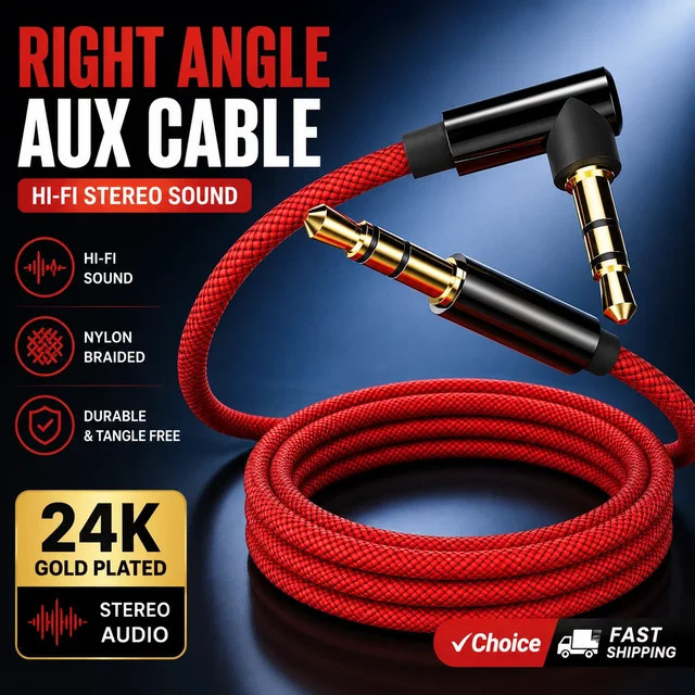 Parallel World Rotes 3,5mm Rechtwinkliges AUX-Kabel für Auto-Audio, Stereo-Klinkenkabel für iPhone, Lautsprecher und Kopfhörer - Bild 1