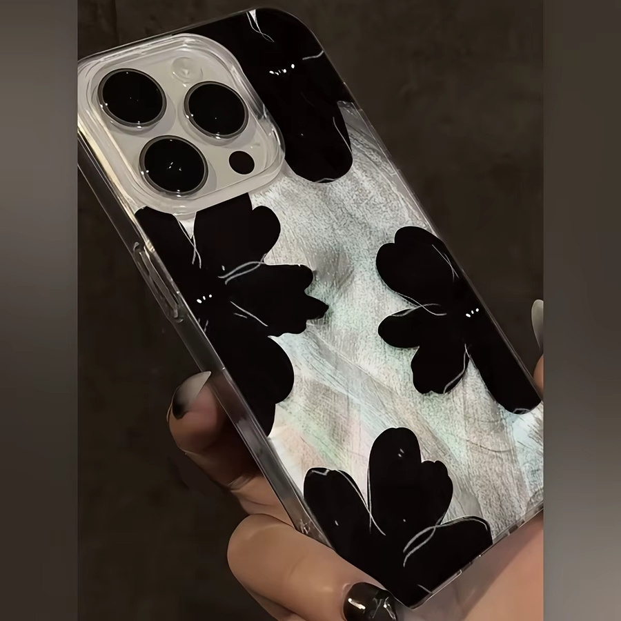 Personalisierte iPhone Handyhülle aus TPU mit silbernem Blumenmuster in Schwarz, passend für verschiedene Apple iPhone Modelle - Bild 4