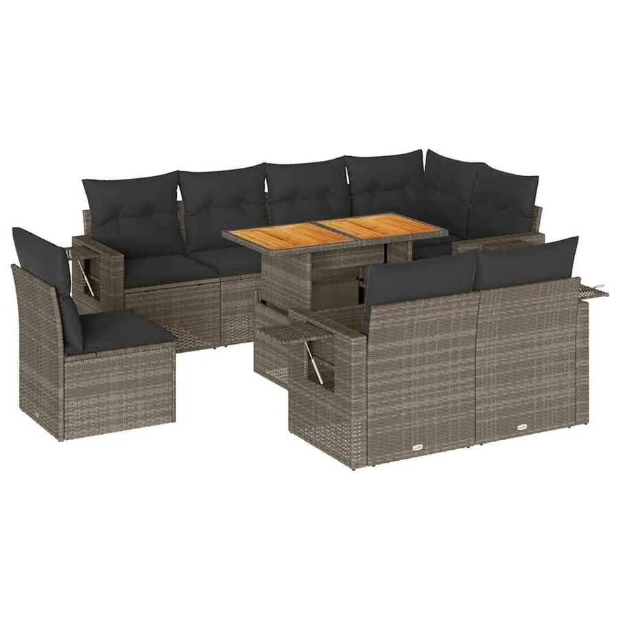 vidaXL 9-tlg. Garten-Sofagarnitur in L-Form aus Poly-Rattan und Akazienholz in Grau mit Kissen - Bild 2