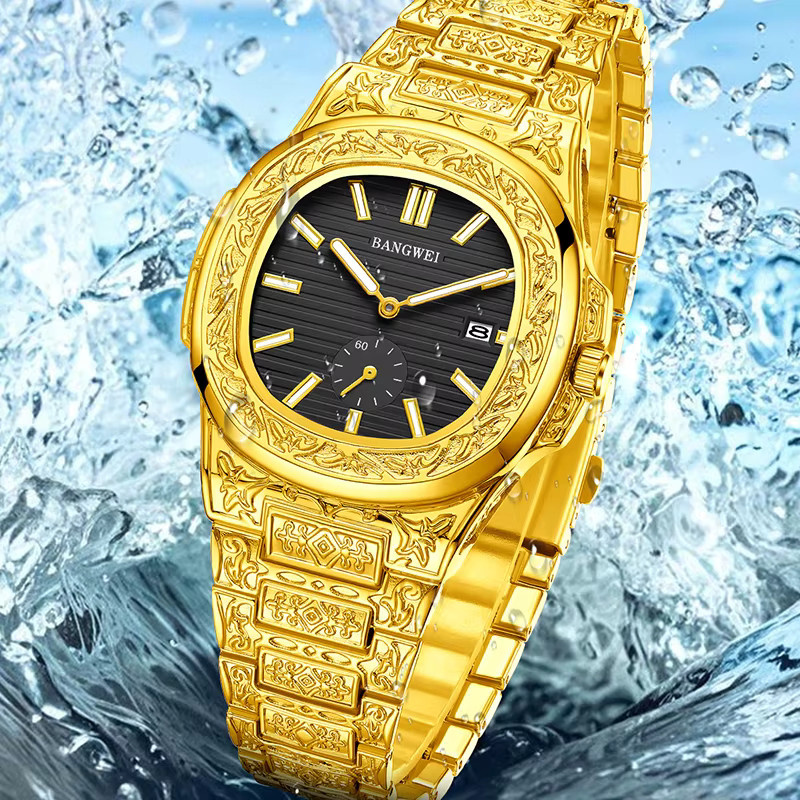 BANGWEI Armbanduhr, Quarz, Edelstahl, Gold, Eckig, Herren - Bild 3